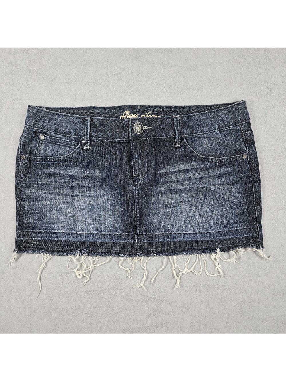 Guess Jeans Denim Mini Skirt Size 30 Dark Wash Fraying Micro Y2K Preppy Cut Off